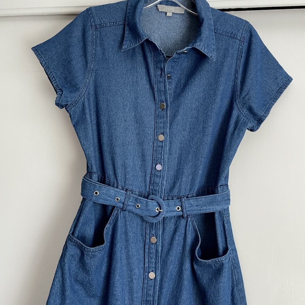 J GEE Denim Blue Jean Shirt Dress Size MP Short Sleeve Button Belted Pockets VTG - Picture 7 of 10